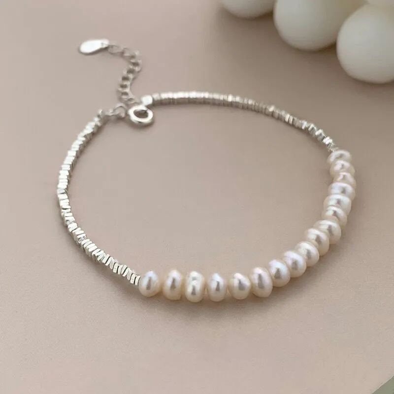 Pulsera de Perlas Sencilla | Plata 925 + Perlas de Agua Dulce | 16.5 + 5cm
