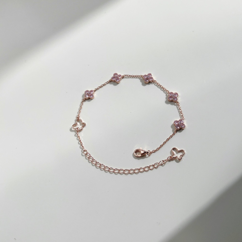 Pulsera Mini Trébol Rosé | Plata 925 + Enchapado de Oro Rosa 18K + Dijes de Zirconias Rosadas estilo Van Cleef | 16 + 5cm