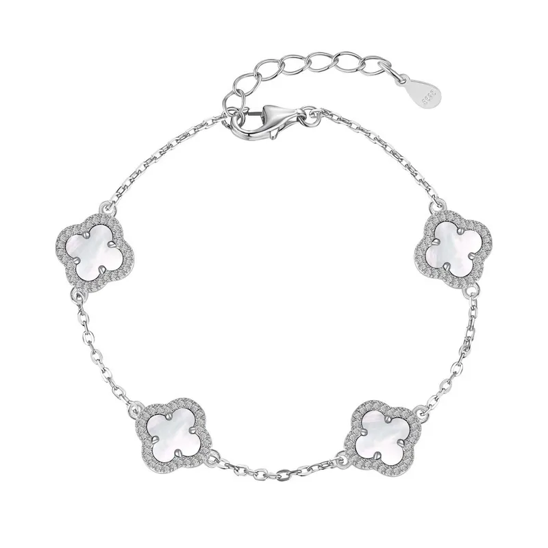 Pulsera Estilo Van Cleef Plateada con Trébol Blanco | Plata 925 + Enchapado de Oro de 18K + Concha Nácar | 17 + 5cm