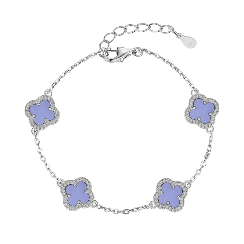 Pulsera Estilo Van Cleef Plateada con Trébol Lila | Plata 925 + Enchapado de Oro de 18K + Concha Nácar | 17 + 5cm