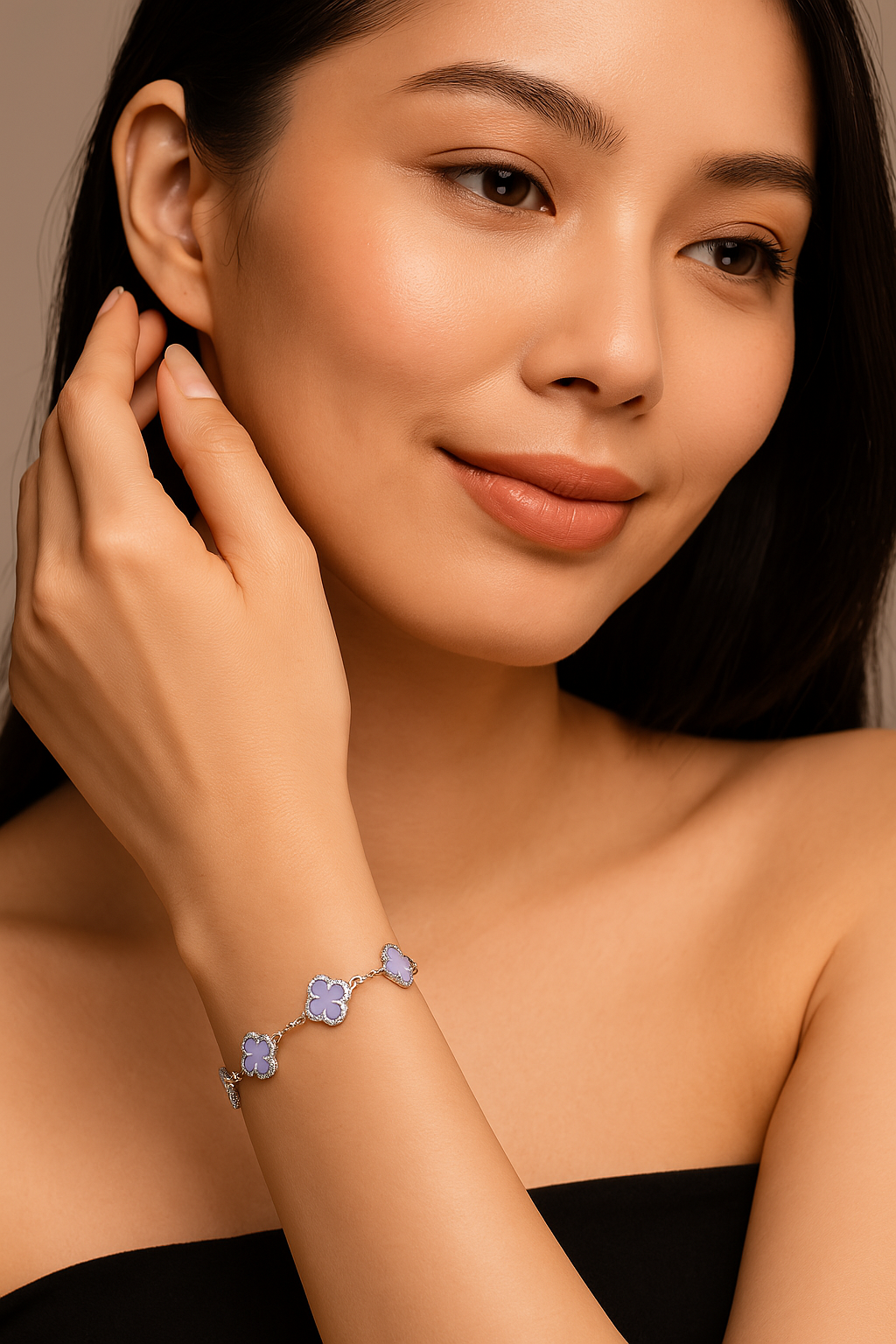 Pulsera Estilo Van Cleef Plateada con Trébol Lila | Plata 925 + Enchapado de Oro de 18K + Concha Nácar | 17 + 5cm
