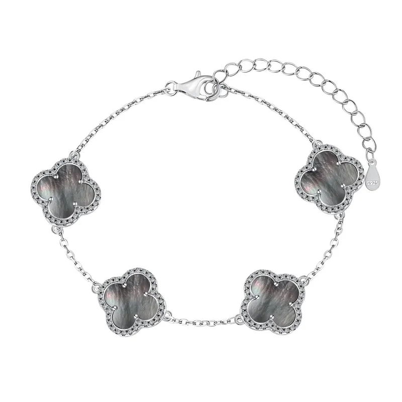Pulsera Estilo Van Cleef Plateada con Trébol Plateado Metálico | Plata 925 + Enchapado de Oro de 18K + Concha Nácar | 18 + 5cm