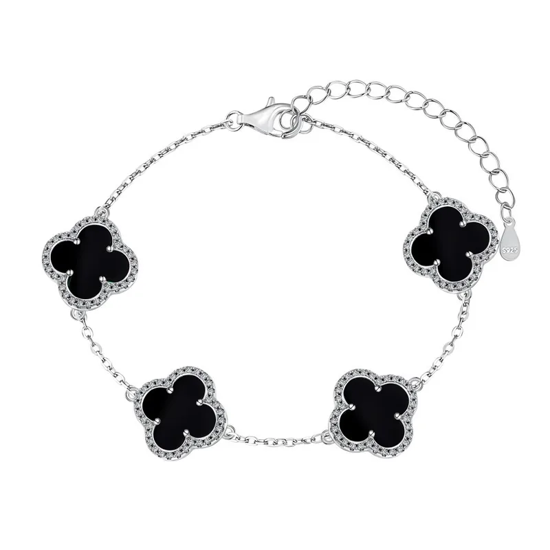 Pulsera Estilo Van Cleef Plateada con Trébol Negro | Plata 925 + Enchapado de Oro de 18K + Concha Nácar | 18 + 5cm