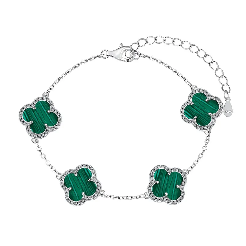 Pulsera Estilo Van Cleef Plateada con Trébol Verde | Plata 925 + Enchapado de Oro de 18K + Concha Nácar | 18 + 5cm