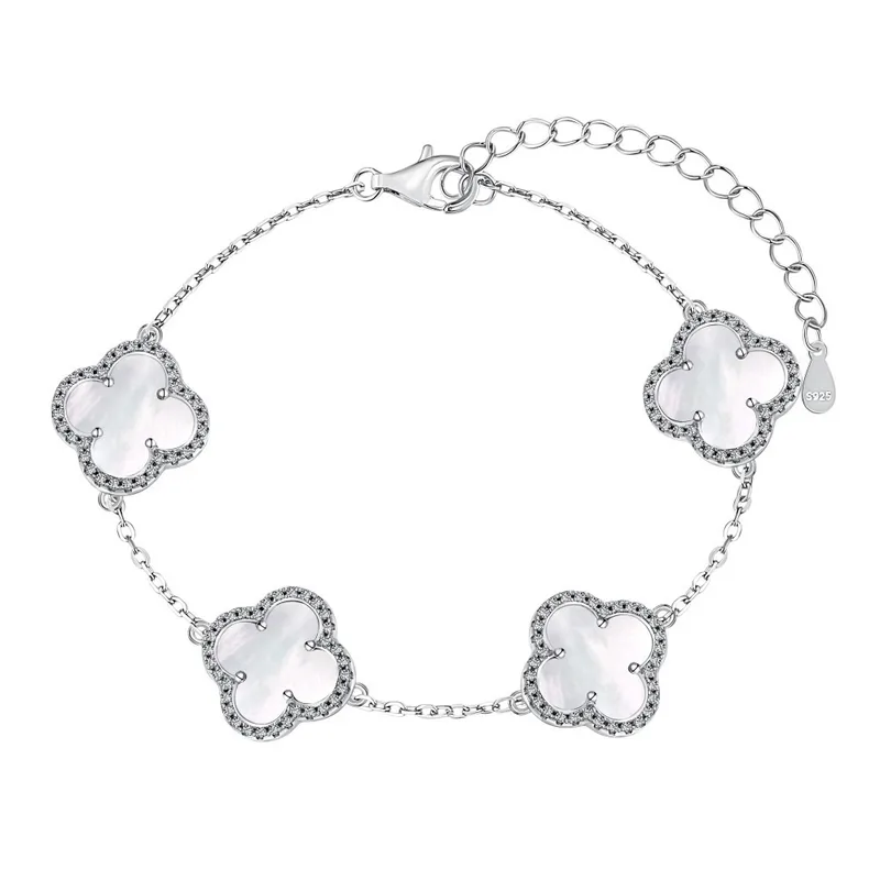 Pulsera Estilo Van Cleef Plateada con Trébol Blanco | Plata 925 + Enchapado de Oro de 18K + Concha Nácar | 18 + 5cm