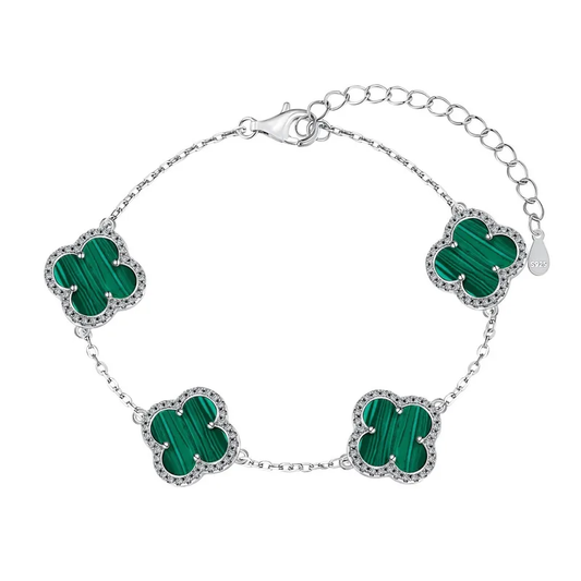 Pulsera de Trébol Estilo Van Cleef Plateada de Plata 925 | Zirconias y Concha Verde