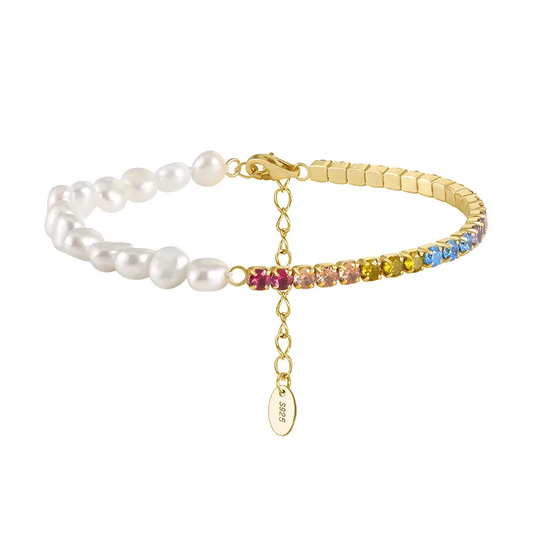 Pulsera Tennis y Perlas | Plata 925 + Enchapado de Oro 18K + Perlas de Agua Dulce y Zirconias | 16 + 5cm