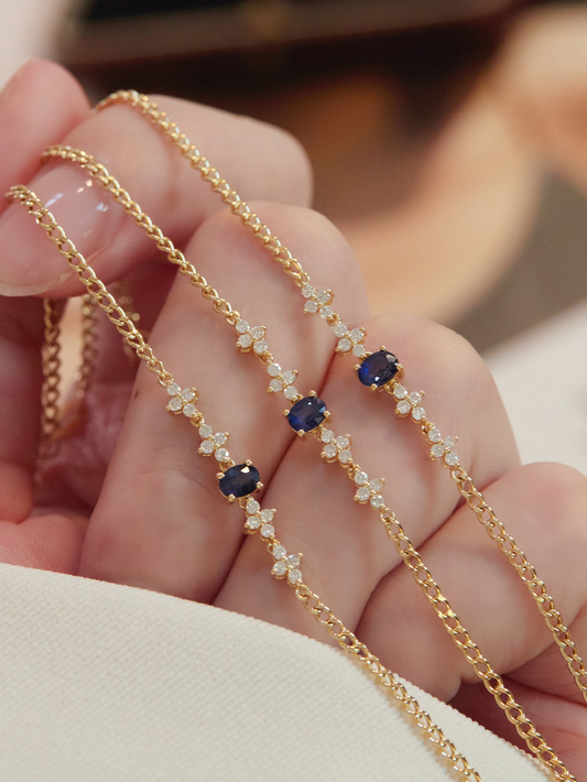Pulsera Solitaria Dorada Blue Diamond | Plata 925 + Enchapado de Oro 18K + Zirconias | 16 + 5cm