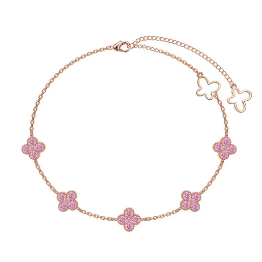 Pulsera Mini Trébol Rosé | Plata 925 + Enchapado de Oro Rosa 18K + Dijes de Zirconias Rosadas estilo Van Cleef | 16 + 5cm