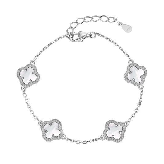Pulsera Estilo Van Cleef Plateada con Trébol Blanco | Plata 925 + Enchapado de Oro de 18K + Concha Nácar | 17 + 5cm