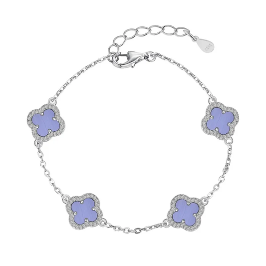 Pulsera Estilo Van Cleef Plateada con Trébol Lila | Plata 925 + Enchapado de Oro de 18K + Concha Nácar | 17 + 5cm