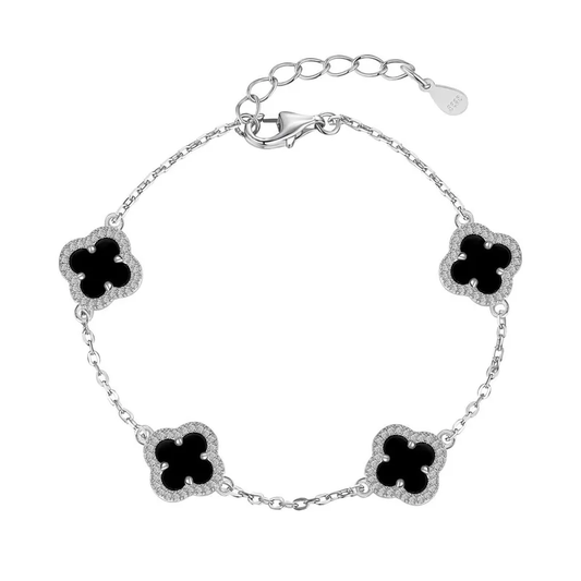 Pulsera Estilo Van Cleef Plateada con Trébol Negro Pequeño | Plata 925 + Enchapado de Oro de 18K + Concha Nácar | 17 + 5cm