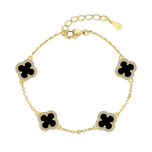 Pulsera Estilo Van Cleef Dorada con Trébol Negro Pequeño | Plata 925 + Enchapado de Oro de 18K + Concha Nácar | 17 + 5cm