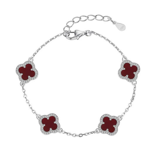 Pulsera Estilo Van Cleef Plateada con Trébol Pequeño Rojo Oscuro | Plata 925 + Enchapado de Oro de 18K + Concha Nácar | 17 + 5cm