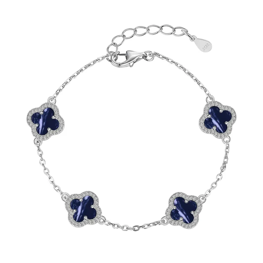 Pulsera Estilo Van Cleef Plateada con Trébol Pequeño Azul Oscuro | Plata 925 + Enchapado de Oro de 18K + Concha Nácar | 17 + 5cm