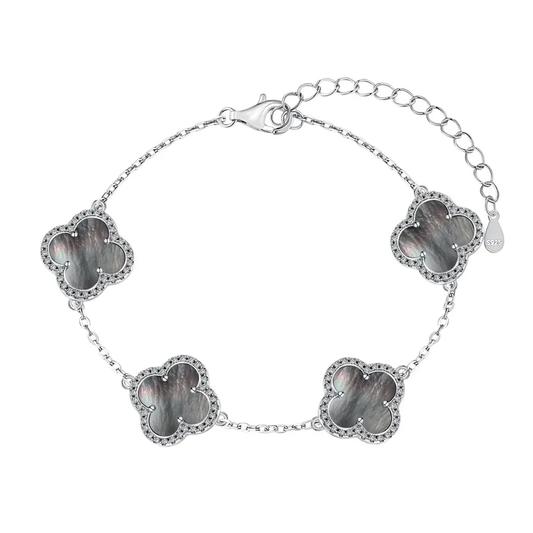 Pulsera Estilo Van Cleef Plateada con Trébol Plateado Metálico | Plata 925 + Enchapado de Oro de 18K + Concha Nácar | 18 + 5cm