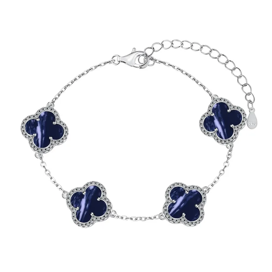 Pulsera Estilo Van Cleef Plateada con Trébol Azul Oscuro | Plata 925 + Enchapado de Oro de 18K + Concha Nácar | 18 + 5cm
