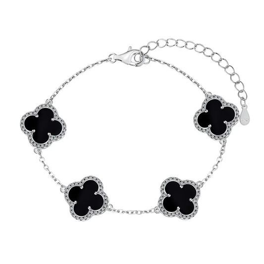 Pulsera Estilo Van Cleef Plateada con Trébol Negro | Plata 925 + Enchapado de Oro de 18K + Concha Nácar | 18 + 5cm