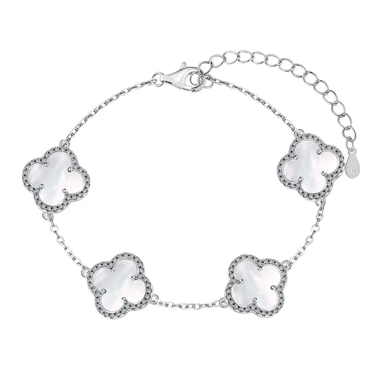 Pulsera Estilo Van Cleef Plateada con Trébol Blanco | Plata 925 + Enchapado de Oro de 18K + Concha Nácar | 18 + 5cm